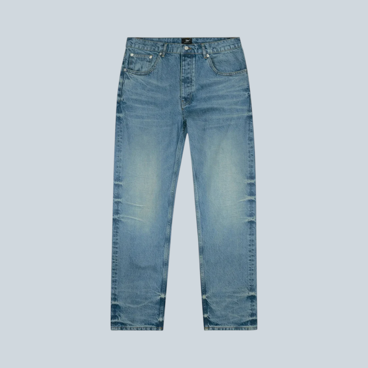 Jean droit Saison Aqua Whiskers en denim bleu délavé avec détails d'usure caractéristiques