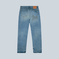 Jean droit Saison Aqua Whiskers en denim bleu délavé avec broderie au dos et étiquette en cuir à la taille