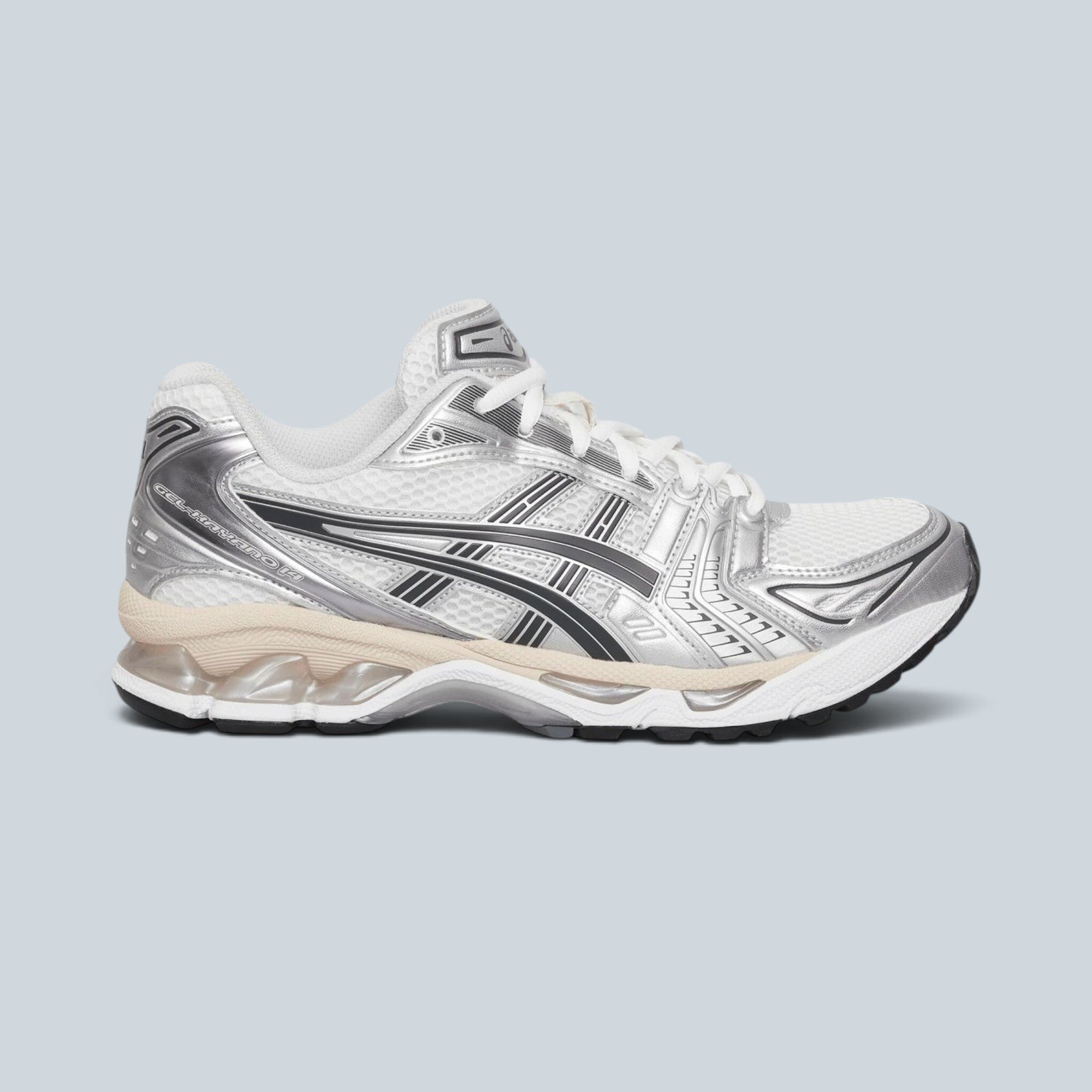 Baskets Saison KAYANO 14 blanches et gris graphite en mesh et cuir synthétique avec amorti GEL et semelle en caoutchouc