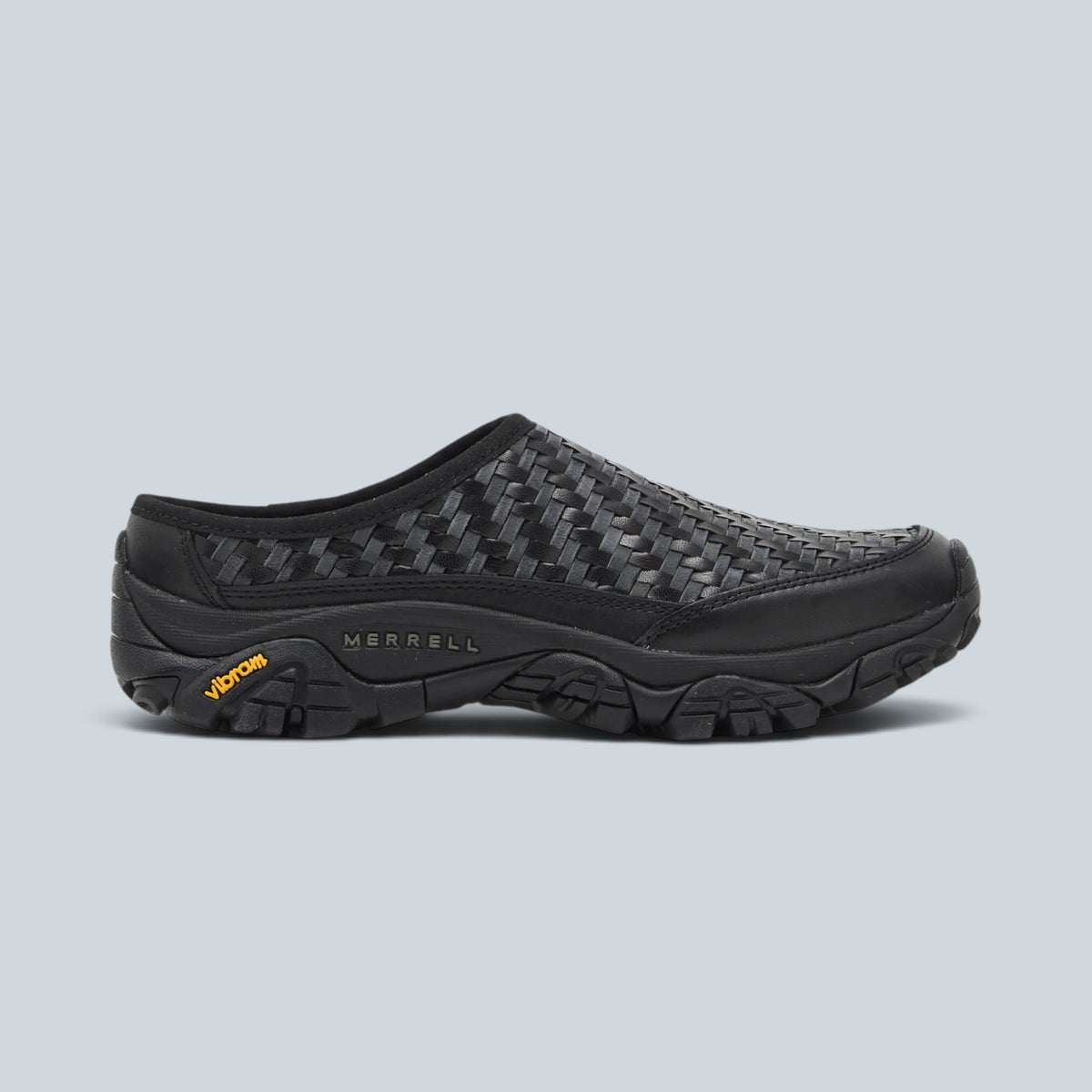 Mule Saison Merrell Moab 2 Slide en cuir tressé noir et gris avec semelle extérieure Vibram robuste