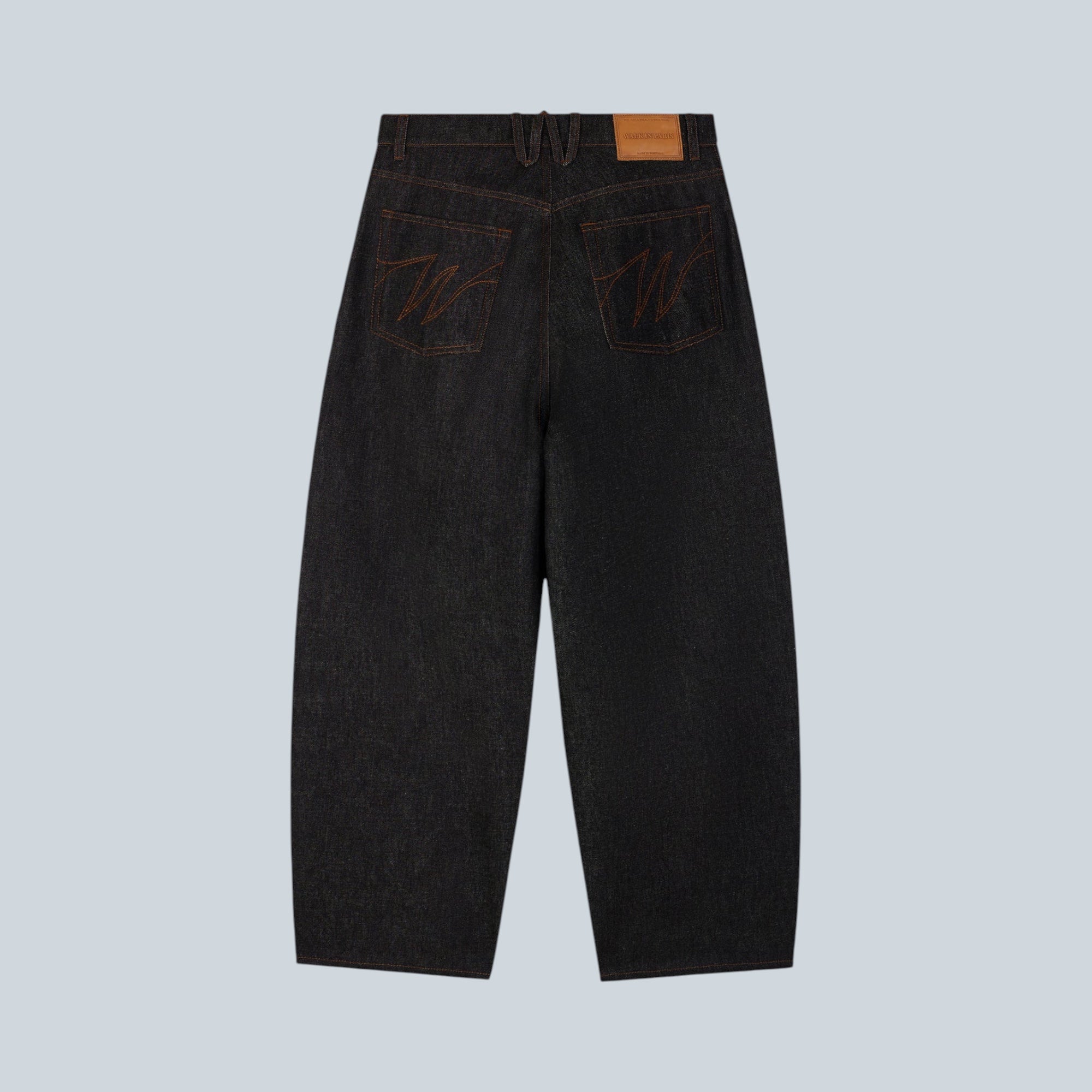 Pantalon balloon Saison en denim brut 100% coton avec taille haute et poches arrière surpiquées