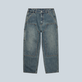 Pantalon Saison en denim de coton bleu délavé avec renforts double épaisseur aux genoux et coupe droite