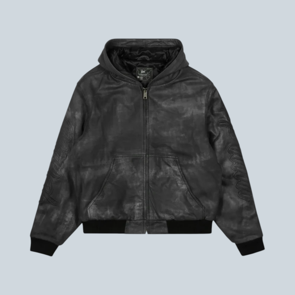 Patta Leather Hooded Bomber Jacket Black