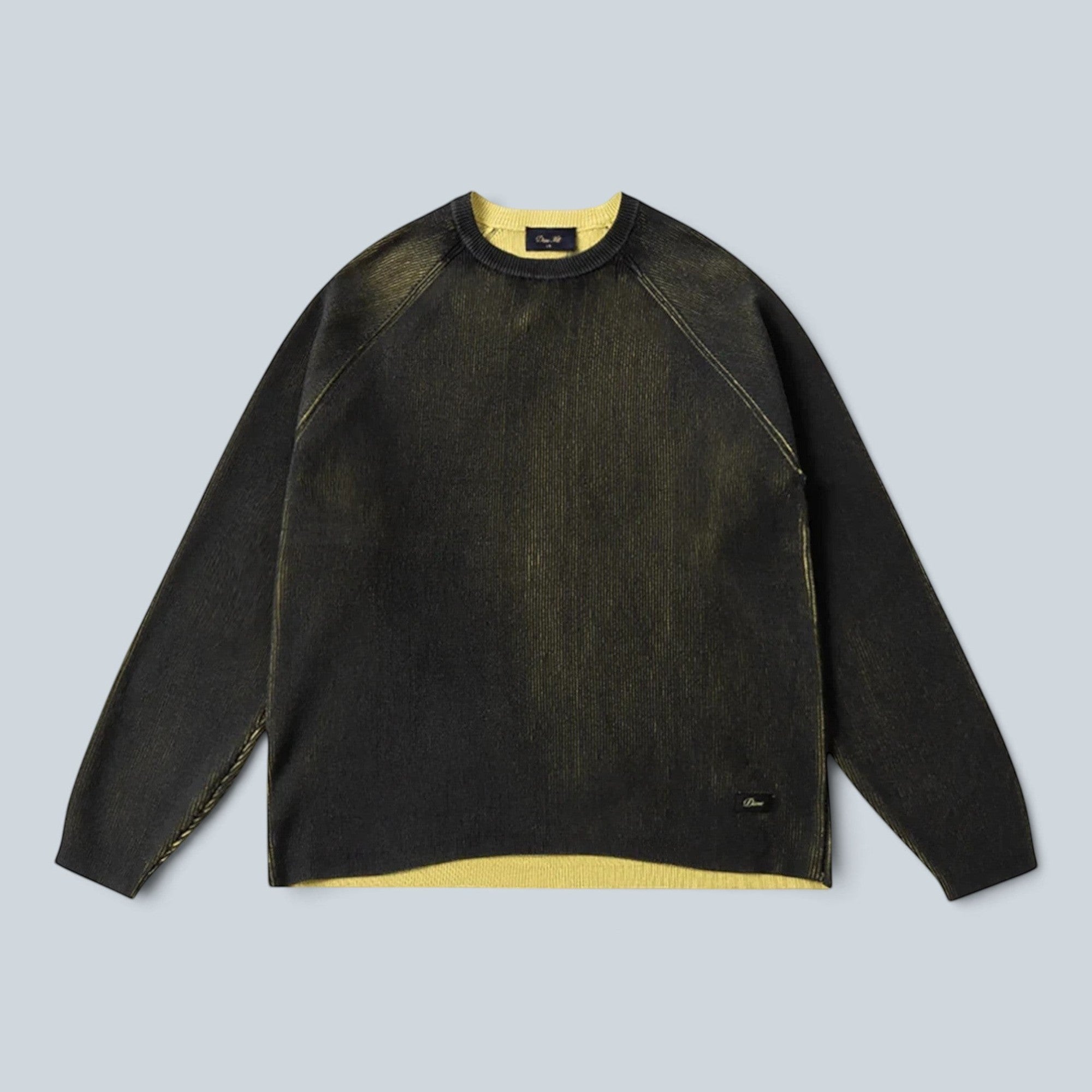 Pull Saison en maille côtelée noir et jaune avec col rond et finitions contrastées