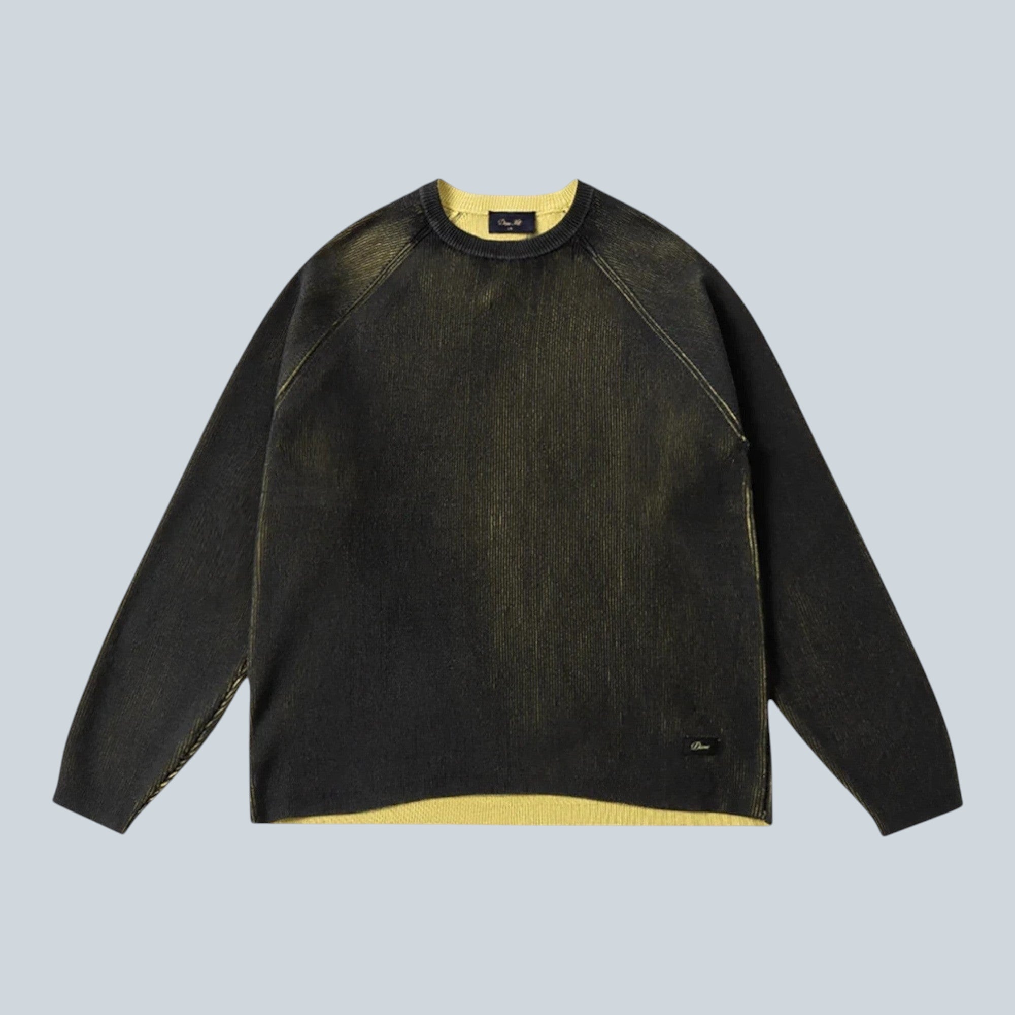 Pull Saison en maille côtelée noir et jaune avec col rond et finitions bord-côtes