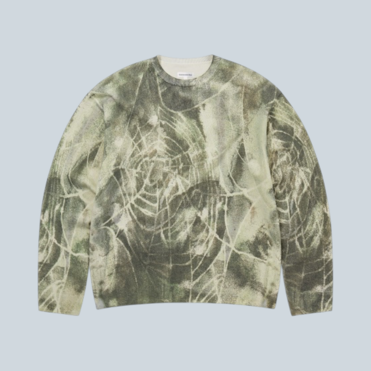 Pull Saison en maille de coton olive avec motif jacquard abstrait et col rond côtelé