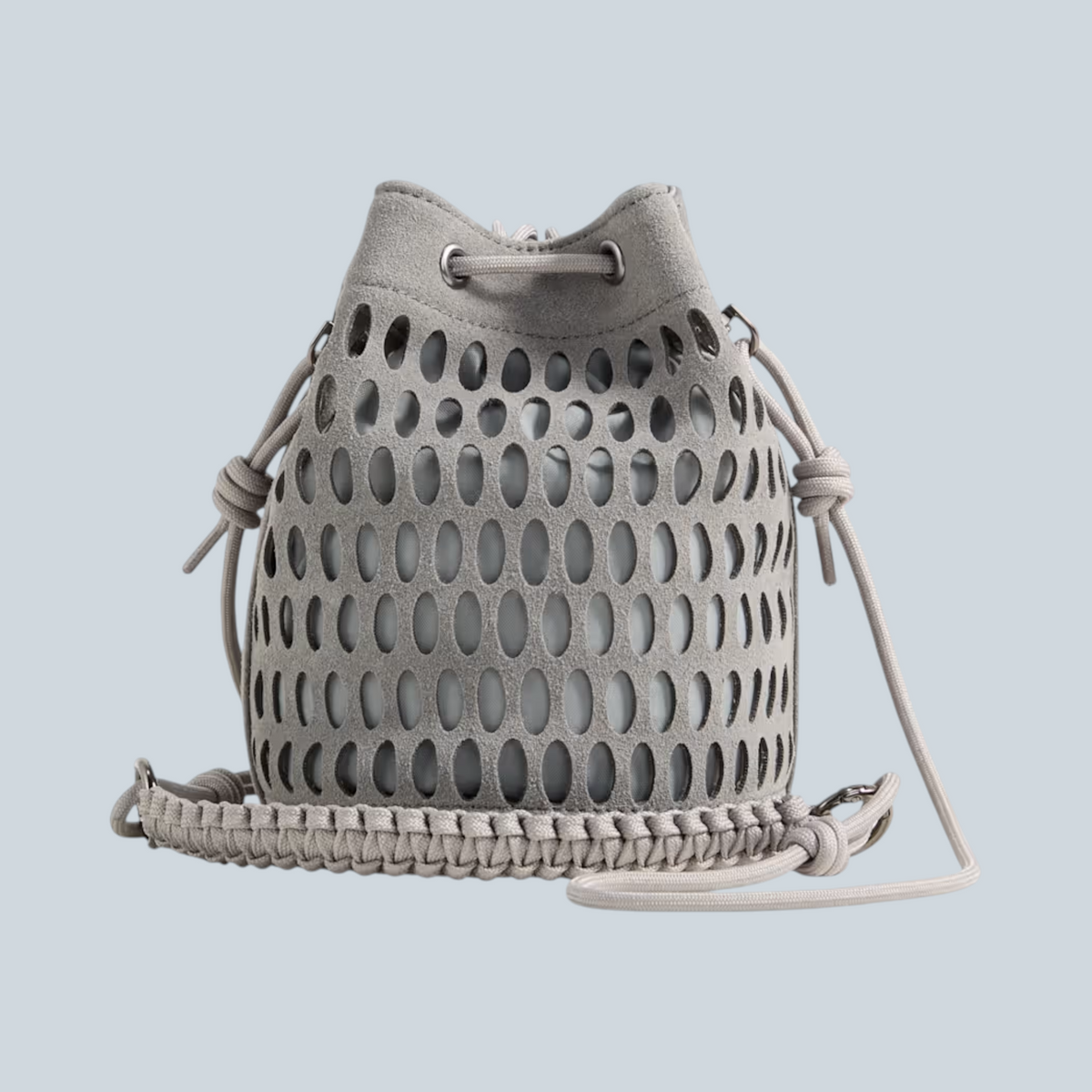 Sac seau Saison Lattice Bucket Bag en textile gris Slate Sky avec motif treillis et détails de cordons tressés