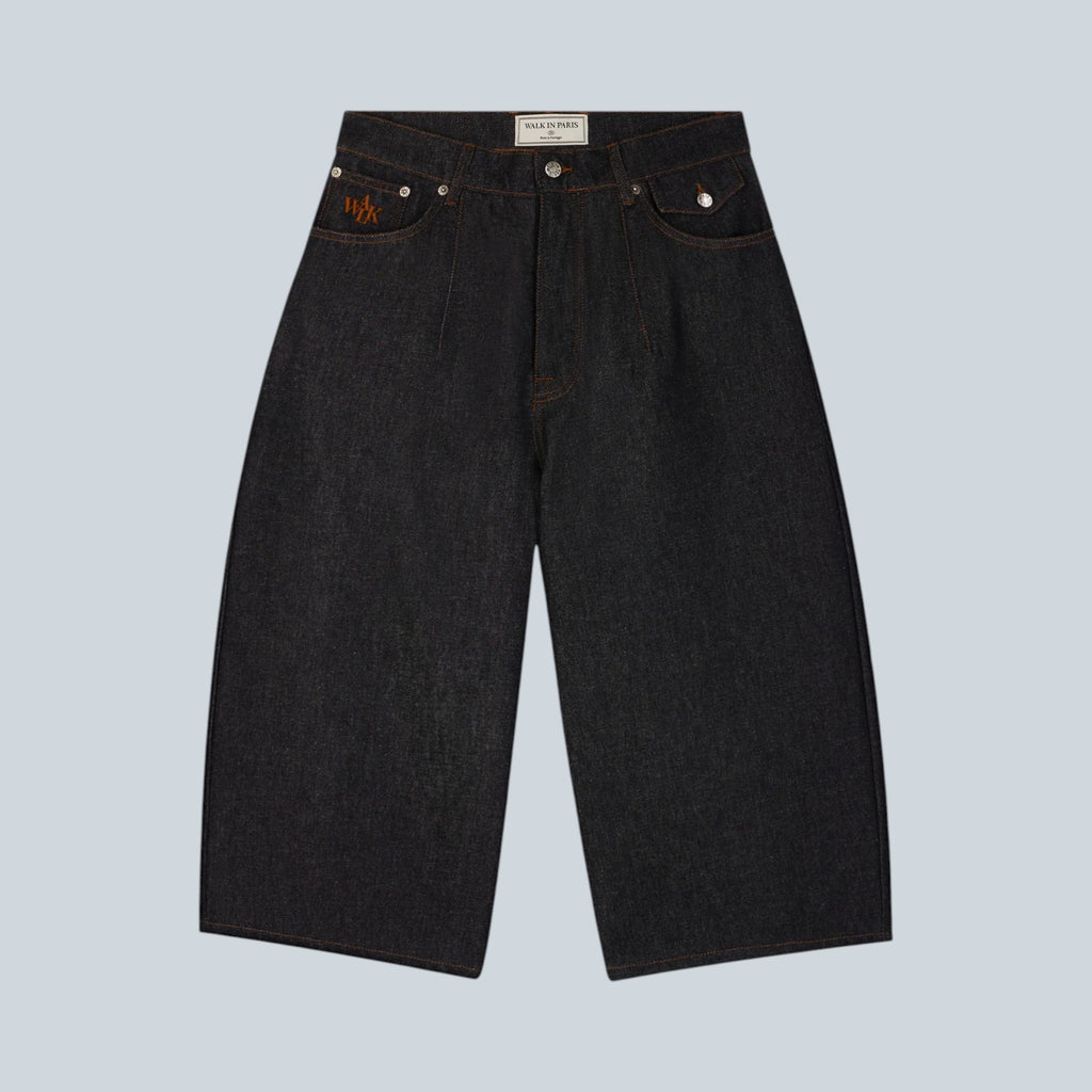 Shorts balloon Saison en denim brut 100% coton avec taille haute et surpiqûres contrastées