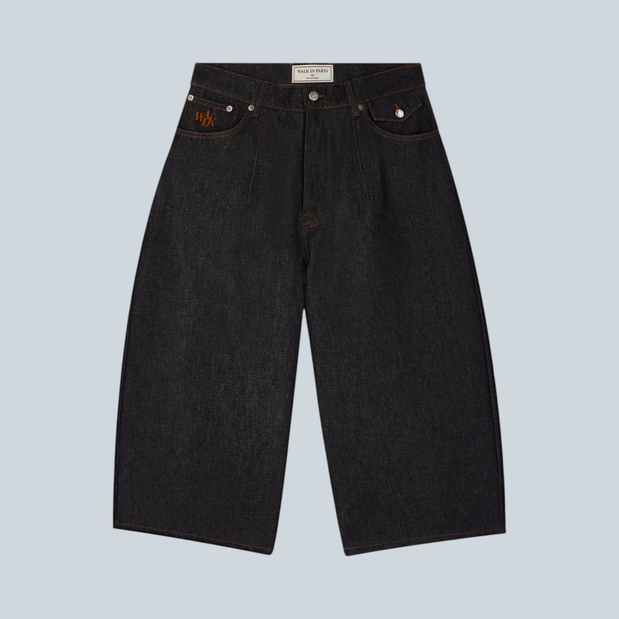 Shorts balloon Saison en denim brut 100% coton avec taille haute et surpiqûres contrastées