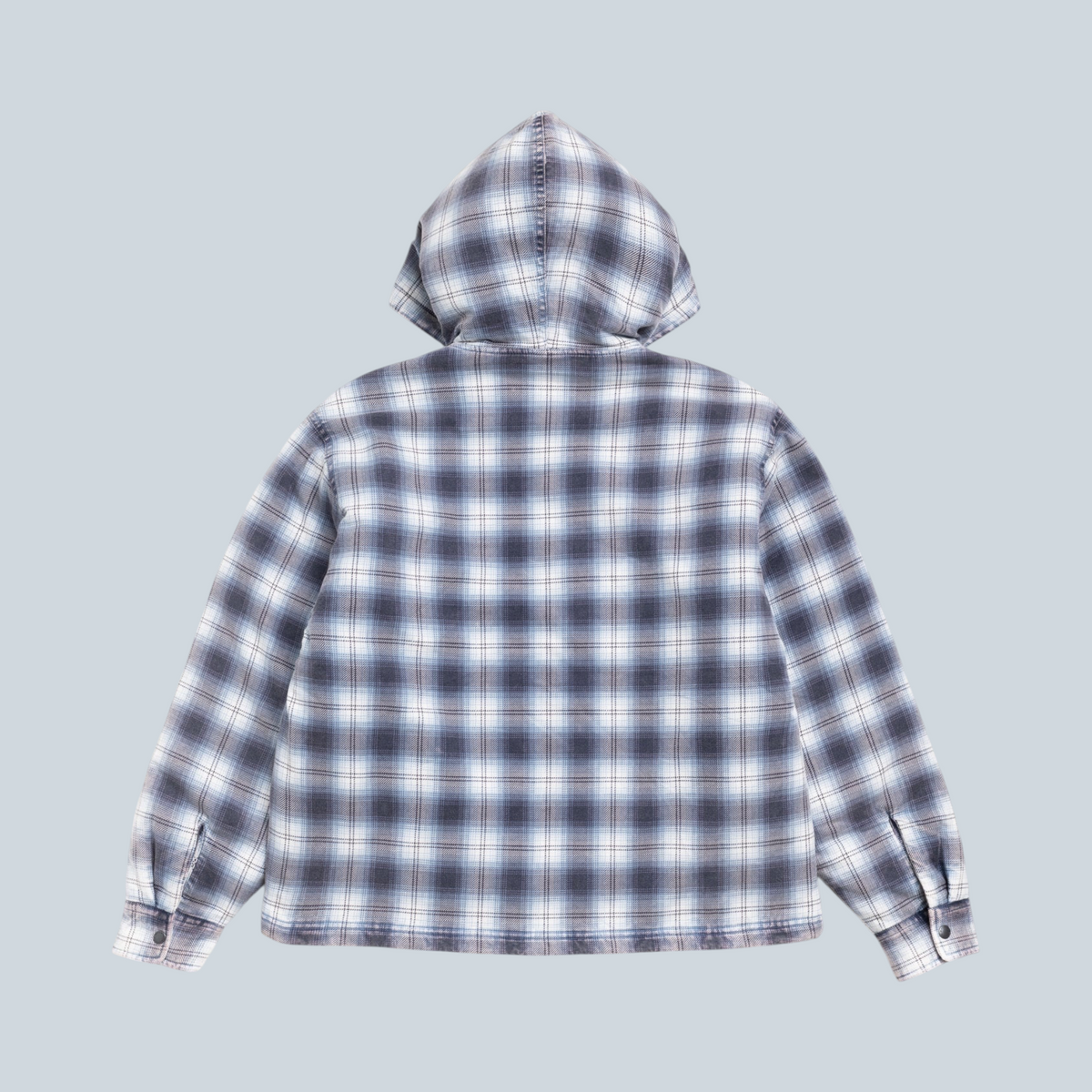 Chemise à carreaux Stüssy à capuche et fermeture éclair, coloris bleu et blanc, vue arrière, collection Saison