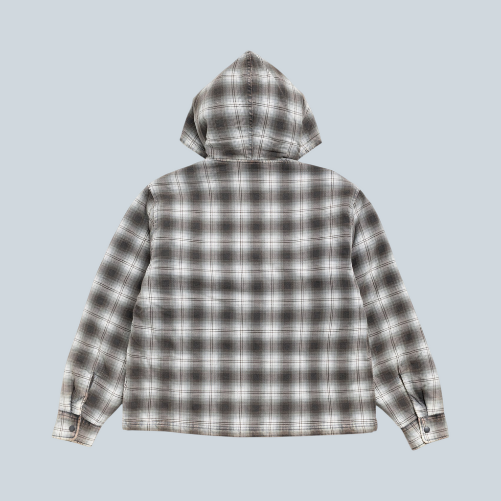 Vue arrière de la chemise à carreaux à capuche zippée Stüssy de Saison en gris anthracite