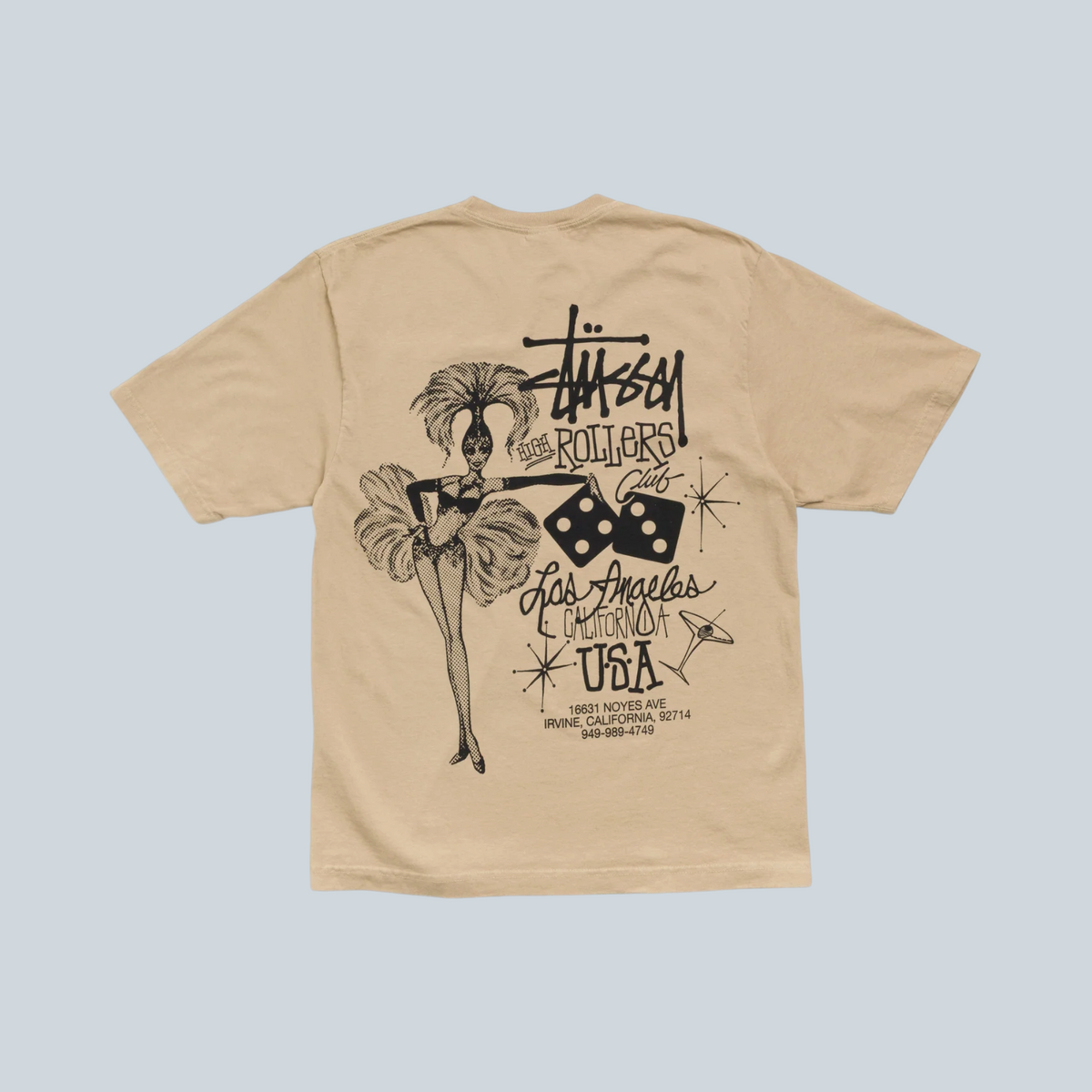 T-shirt Saison Stüssy High Rollers en coton beige avec imprimé graphique noir au dos style cabaret et dés