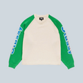 Pull raglan bicolore Saison Stüssy en laine mérinos et coton, corps naturel, manches vertes avec logo bleu