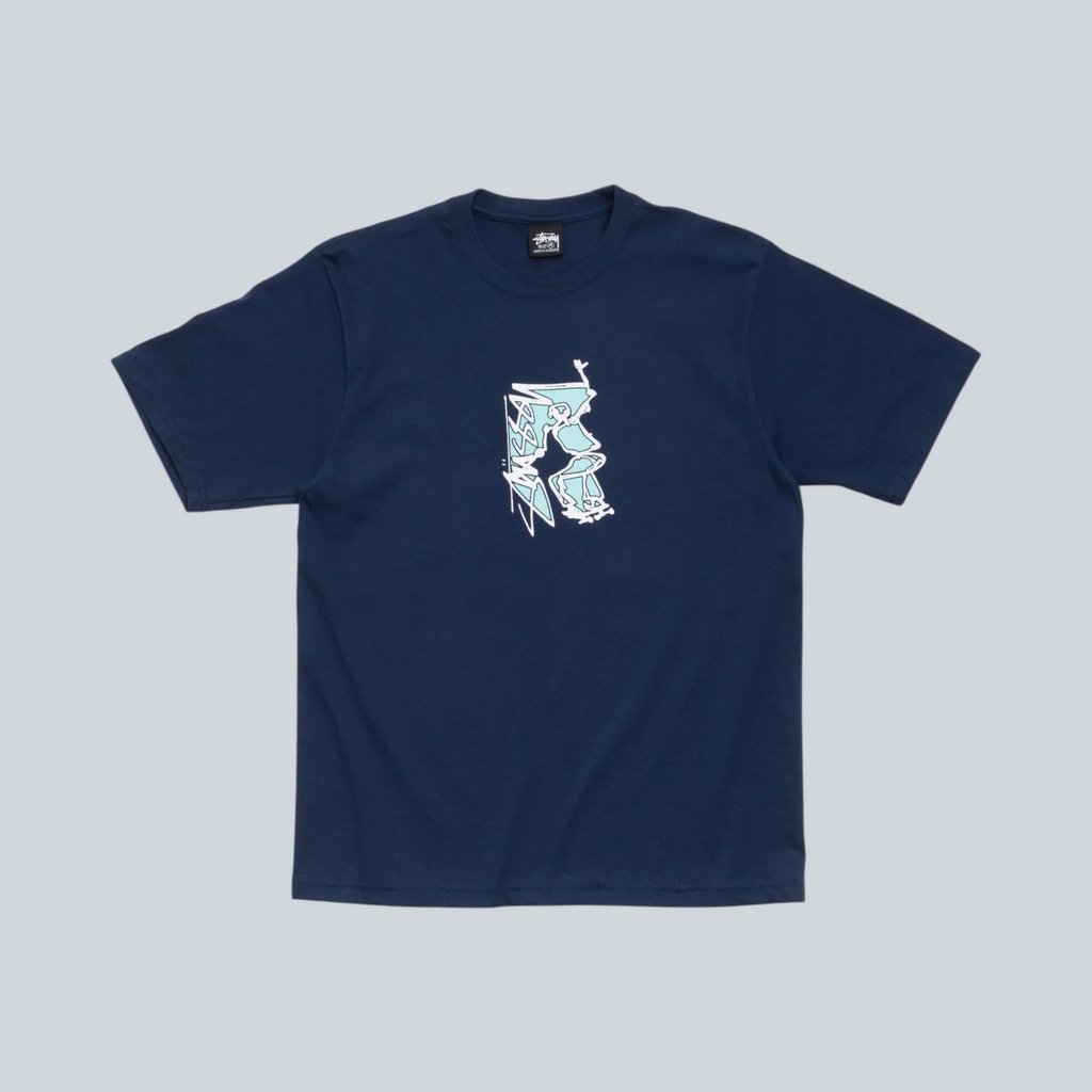 T-shirt Stüssy Smooth SK8 en coton bleu marine avec imprimé graphique de skateboard sur la poitrine, par Saison