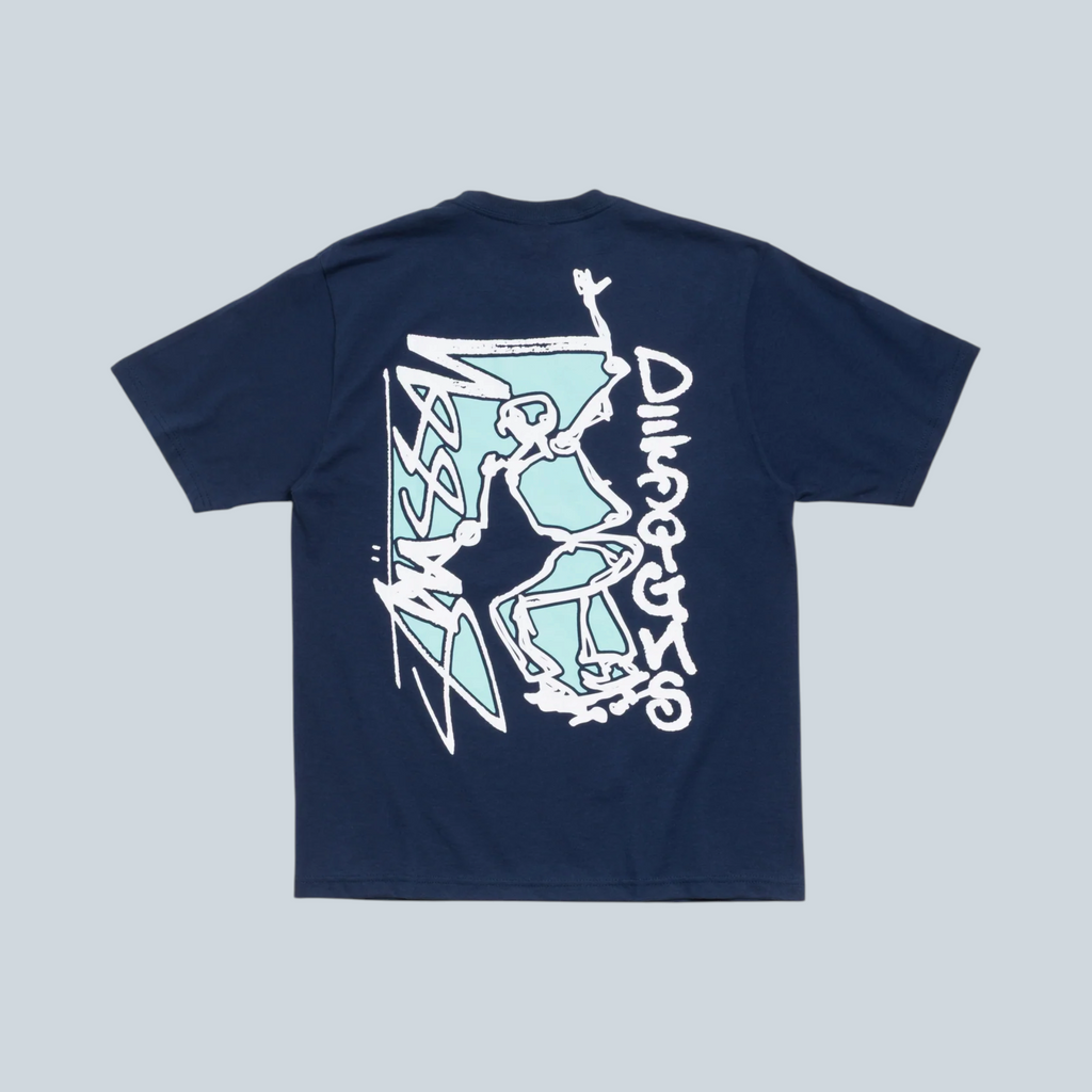 T-shirt Saison Stüssy Smooth SK8 en coton bleu marine avec imprimé graphique squelette au dos