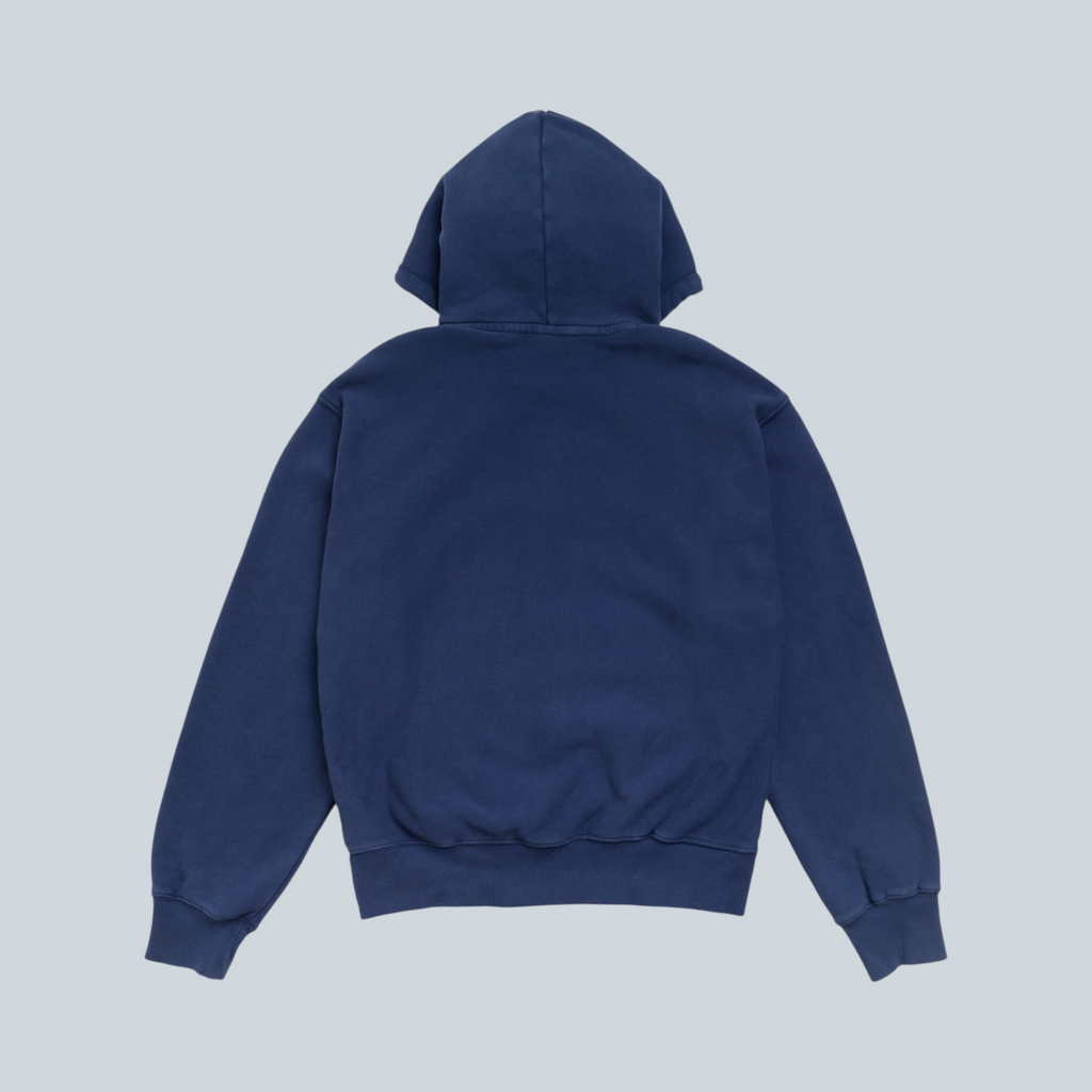 Vue arrière du sweat à capuche Saison Stüssy Block Sport teint en pièce bleu nuit avec une coupe décontractée