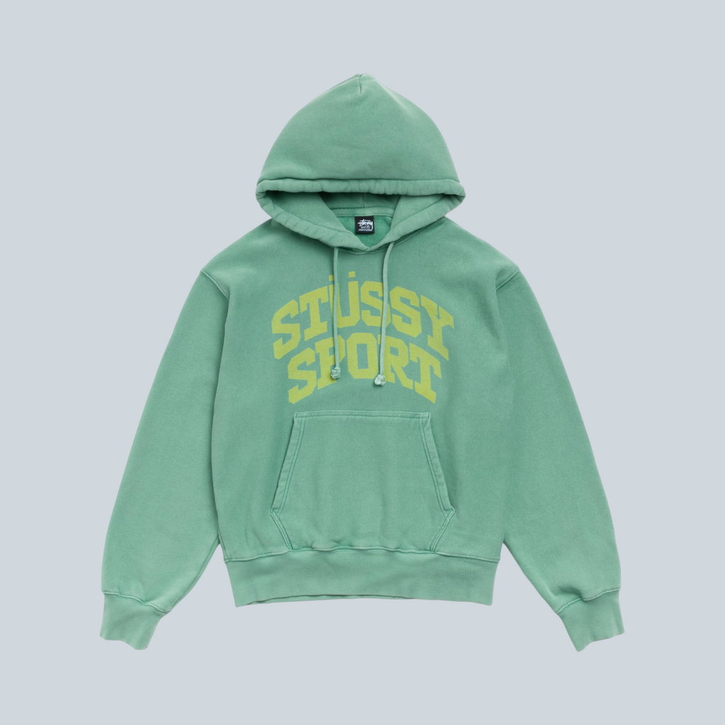 Sweat à capuche Stüssy Block Sport vert Arctic avec logo imprimé, teint en pièce, proposé par Saison