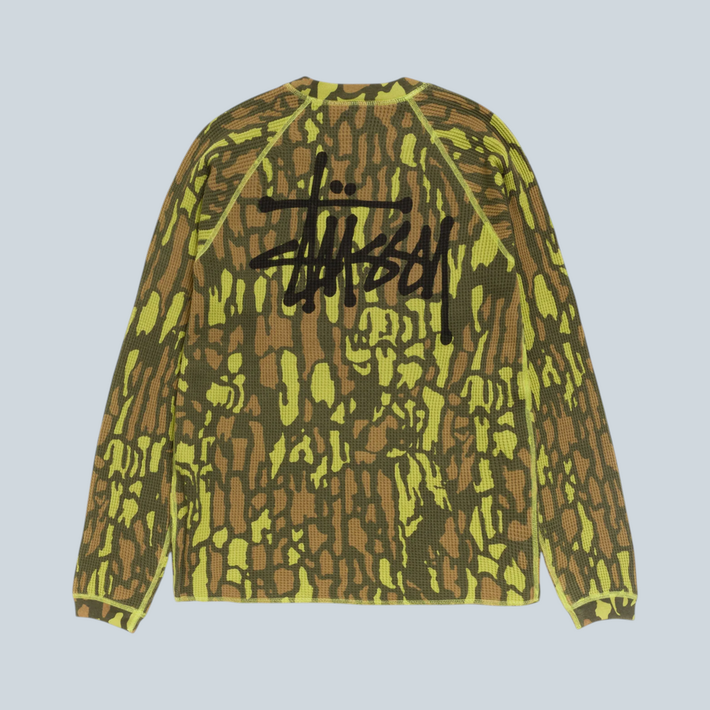 T-shirt thermique à manches raglan Saison Stüssy en coton gaufré avec motif camouflage écorce d'arbre et logo noir