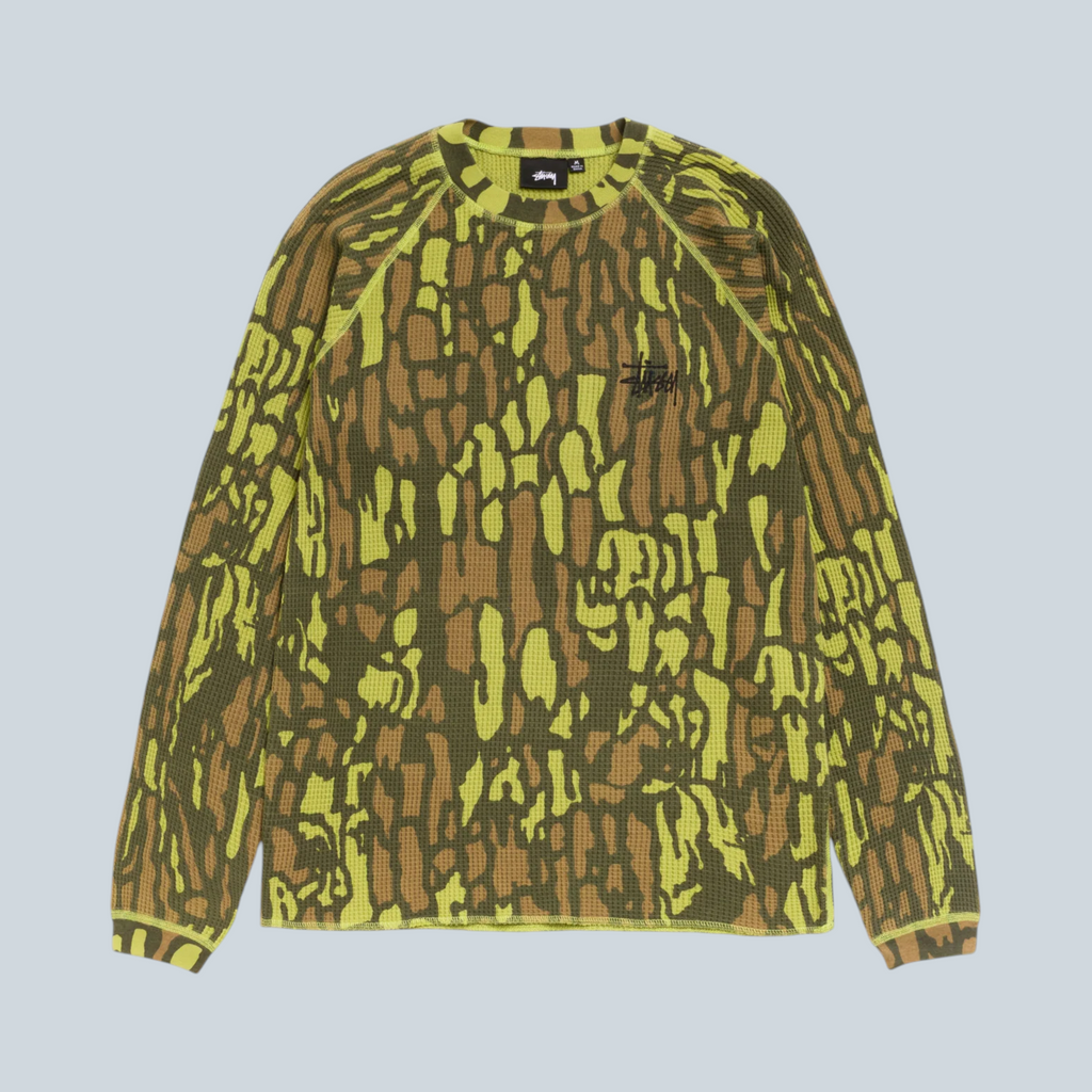 T-shirt thermique à manches raglan Saison Stüssy en coton motif camouflage écorce d'arbre vert et marron