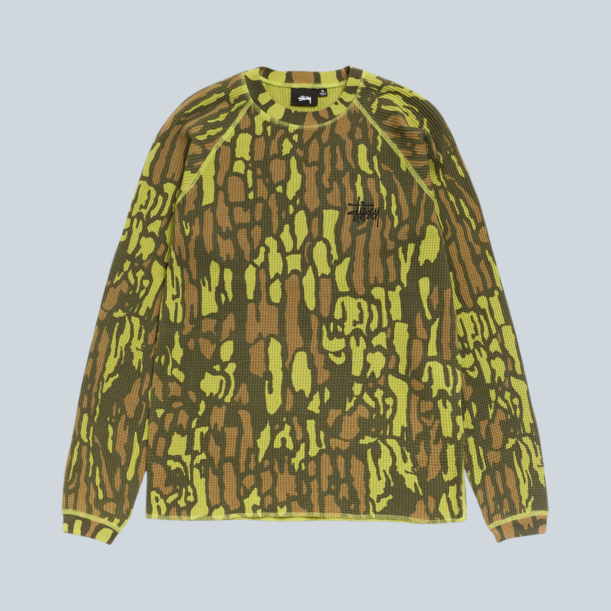 T-shirt thermique à manches raglan Saison Stüssy en coton motif camouflage écorce d'arbre vert et marron