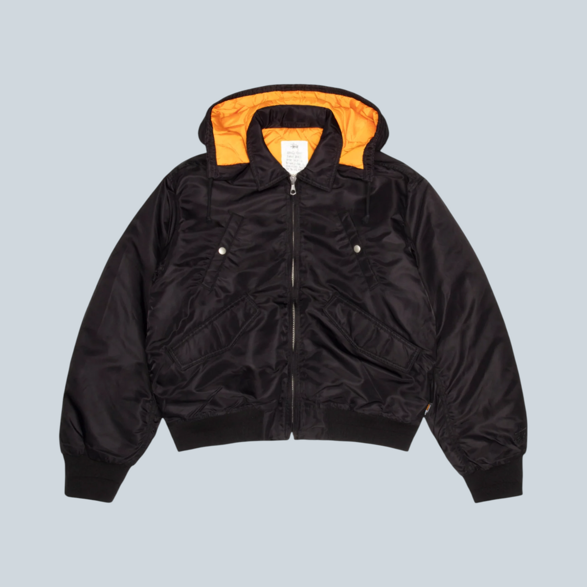 Veste bomber noire Saison Stüssy en satin Cordura avec capuche contrastée orange et fermeture zippée