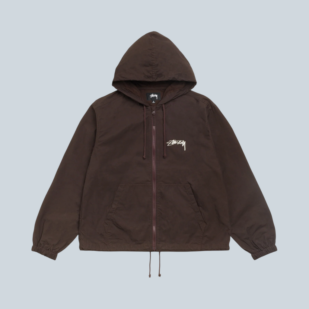Veste à capuche Saison Stüssy Beach Shell en coton ciré marron avec fermeture éclair et logo brodé sur la poitrine
