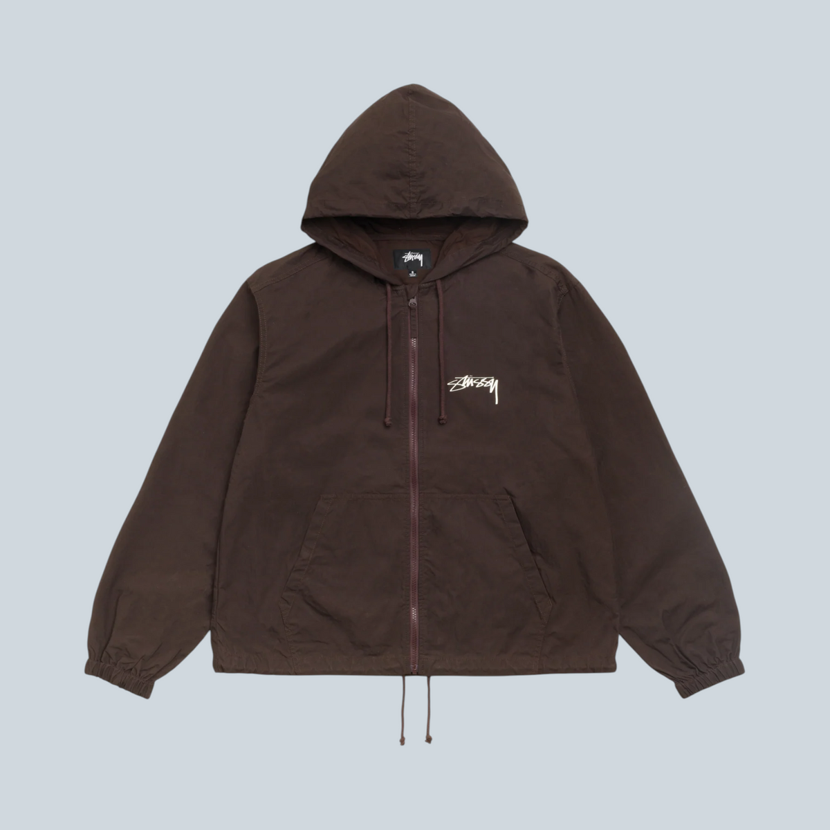 Veste à capuche Saison Stüssy Beach Shell en coton ciré marron avec fermeture éclair et logo brodé sur la poitrine