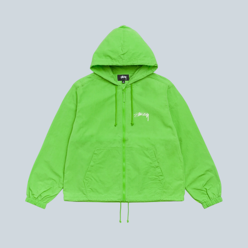 Veste à capuche Saison Stüssy Beach Shell en coton ciré vert kiwi avec logo brodé sur la poitrine
