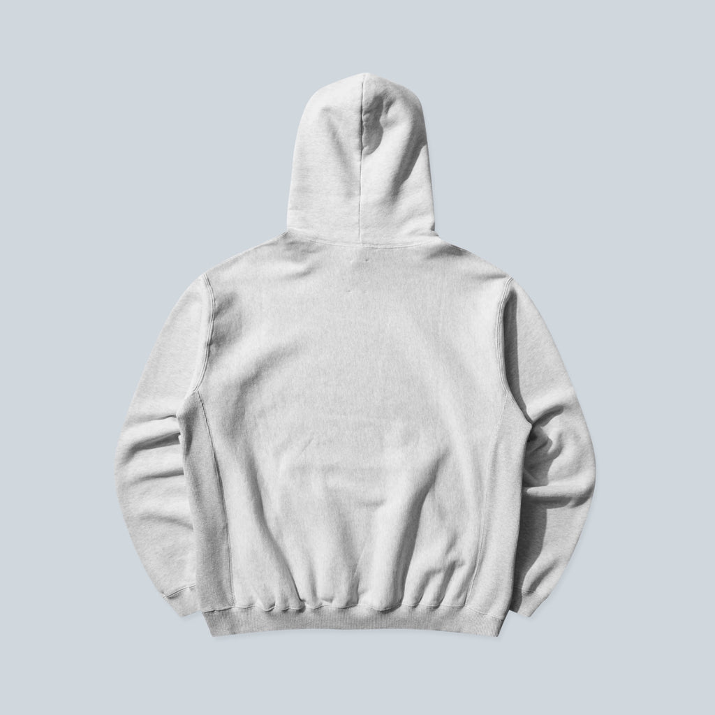 Vue arrière du sweat à capuche Saison en molleton de coton gris clair avec bord-côtes extensibles