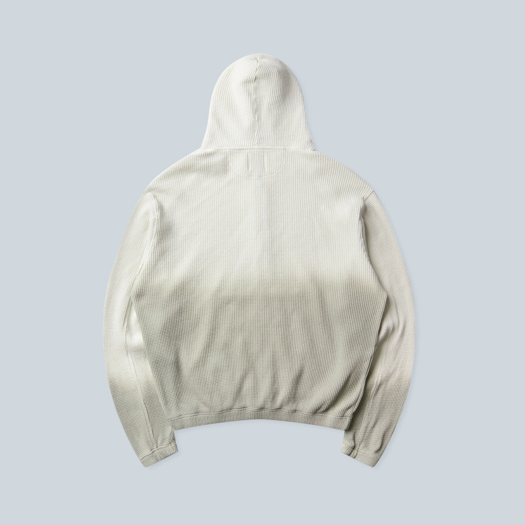 Vue arrière du sweat à capuche zippé Saison en coton biologique gaufré délavé de couleur blanc cassé