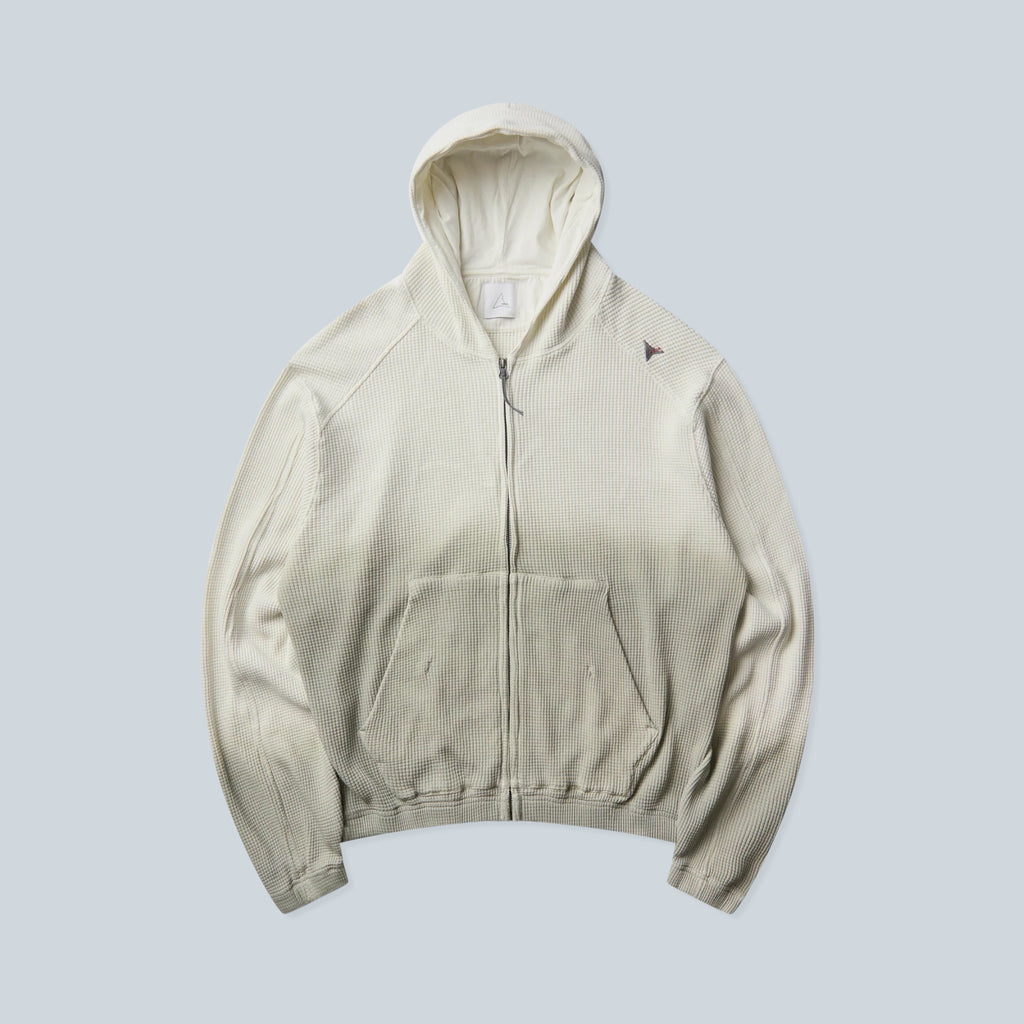 Sweat à capuche zippé Saison en coton biologique maille gaufrée coloris blanc cassé délavé