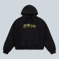 Sweat à capuche zippé Saison en maille éponge de coton noir délavé avec logo jaune brodé sur la poitrine