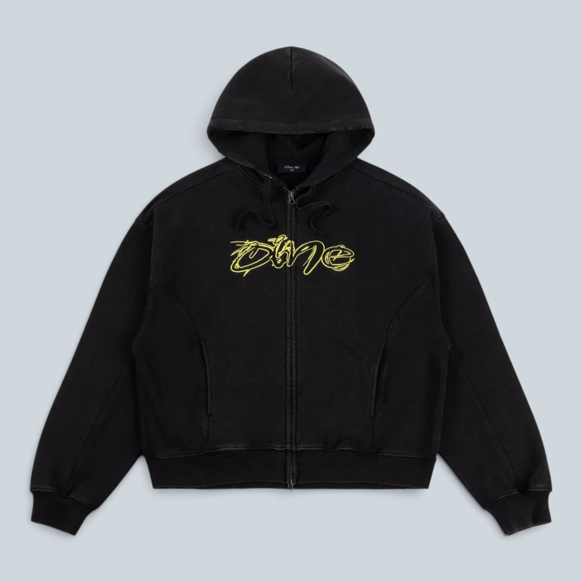 Sweat à capuche zippé Saison en maille éponge de coton noir délavé avec logo jaune brodé sur la poitrine