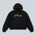 Sweat à capuche zippé Saison en maille éponge de coton noir délavé avec logo jaune brodé sur la poitrine