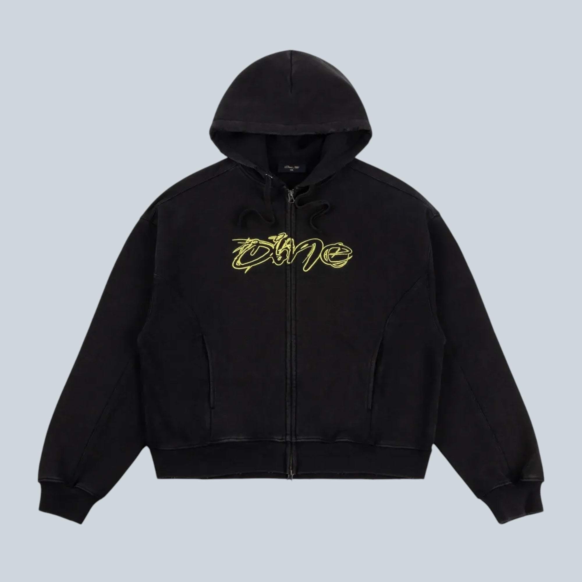 Sweat à capuche zippé Saison en maille éponge de coton noir délavé avec logo jaune brodé sur la poitrine