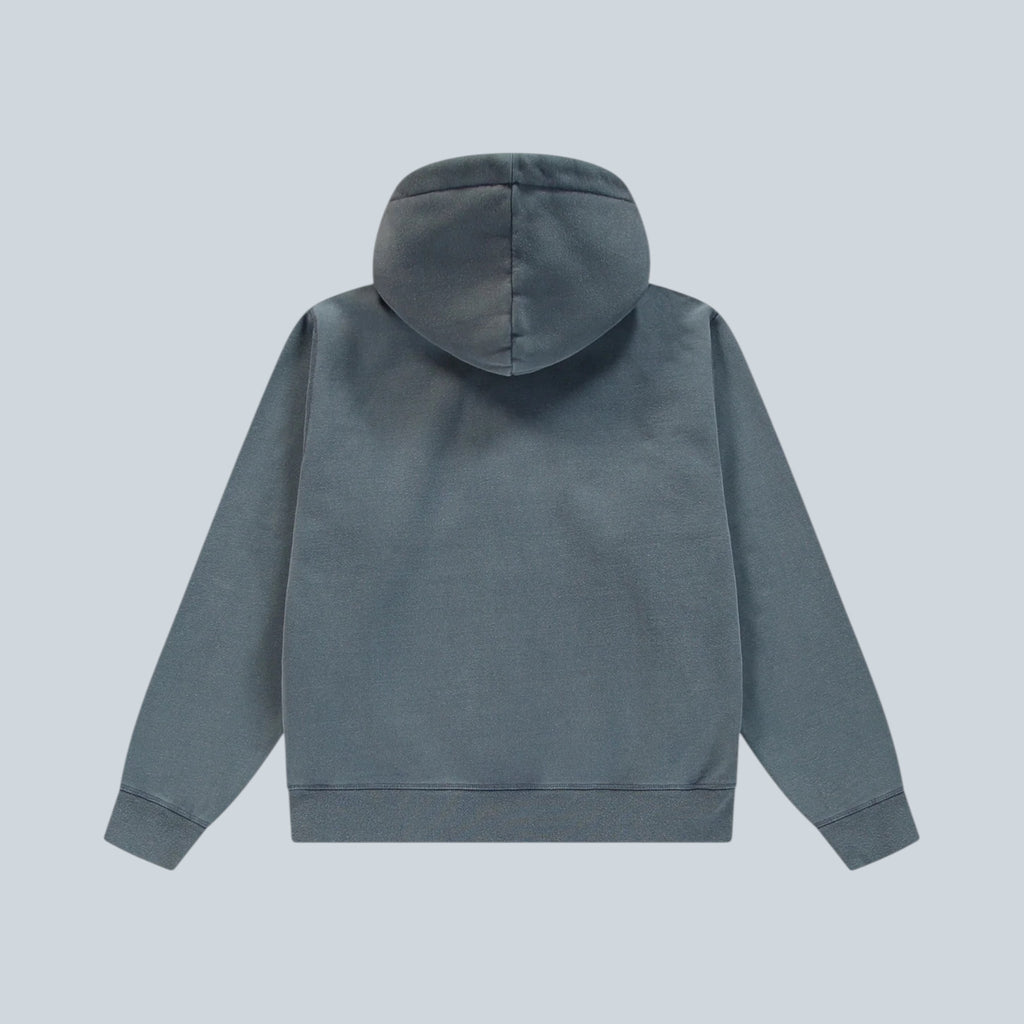 Vue arrière du sweat zippé Saison Stencil Sunfade en coton bleu marine avec effet délavé et capuche