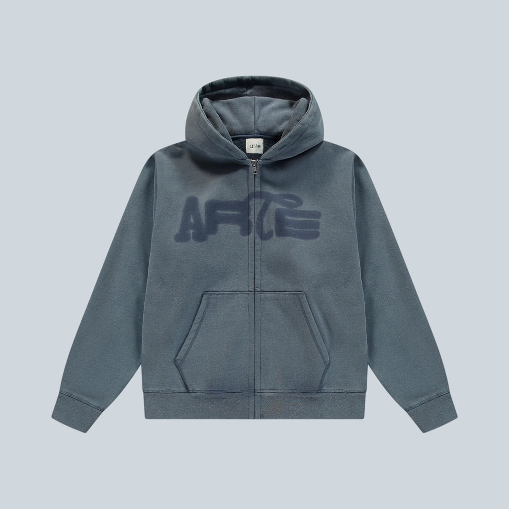 Sweat zippé Saison Stencil Sunfade en coton bleu marine avec logo graphique effet délavé et capuche