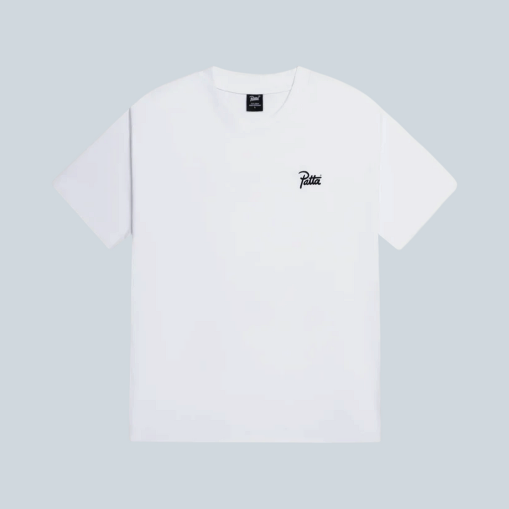 T-shirt blanc Saison à col rond et manches courtes avec logo noir brodé sur la poitrine