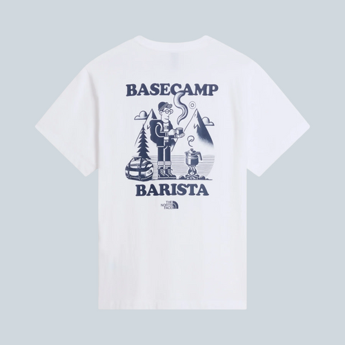 T-shirt Saison The North Face blanc avec graphique Basecamp Barista bleu marine imprimé au dos en coton décontracté