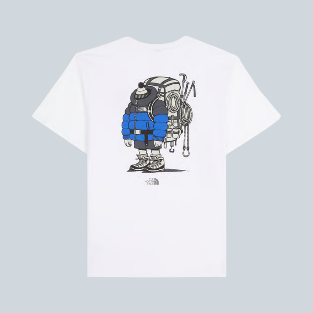 T-shirt blanc Saison The North Face à coupe décontractée avec imprimé graphique de randonneur au dos