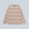 T-shirt manches longues Saison à rayures horizontales orange et bleu sur fond gris, coupe loose décontractée