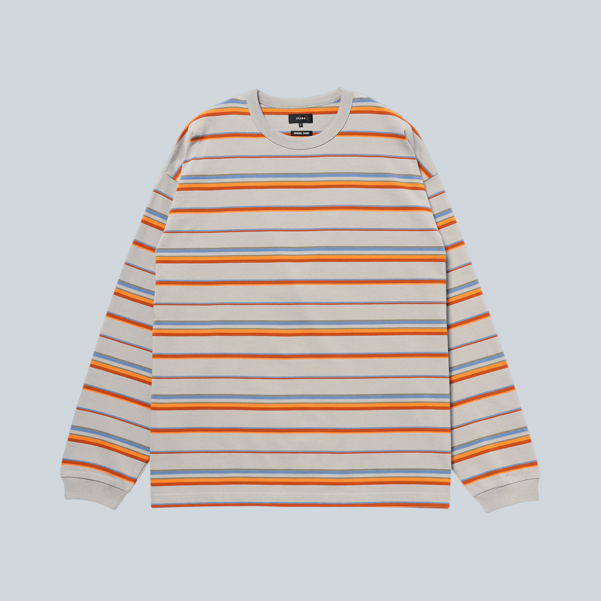 T-shirt manches longues Saison à rayures horizontales orange et bleu sur fond gris, coupe loose décontractée