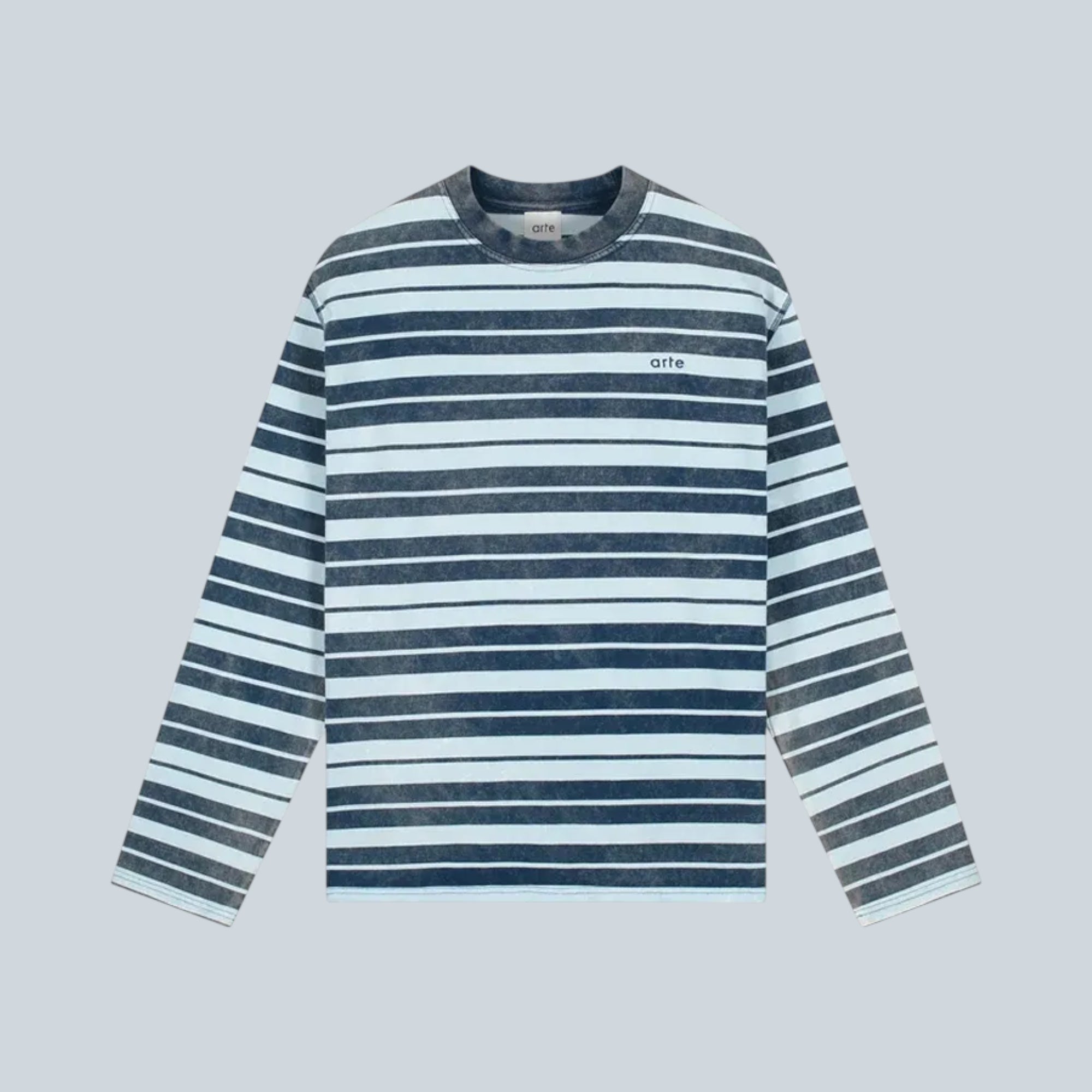 T-shirt à manches longues Saison en jersey de coton rayé bleu marine et bleu clair avec effet délavé sunfade