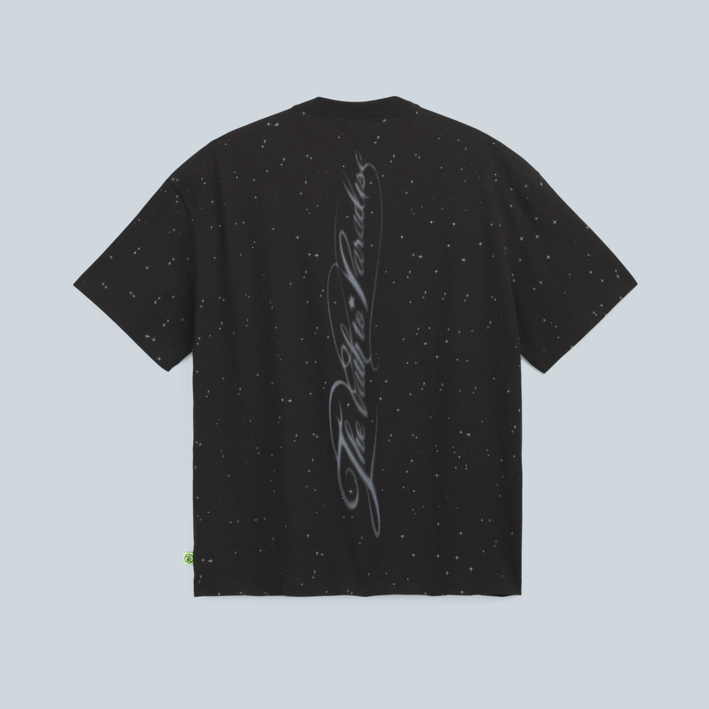 T-shirt noir en coton Saison avec impression graphique étoilée et inscription verticale au dos