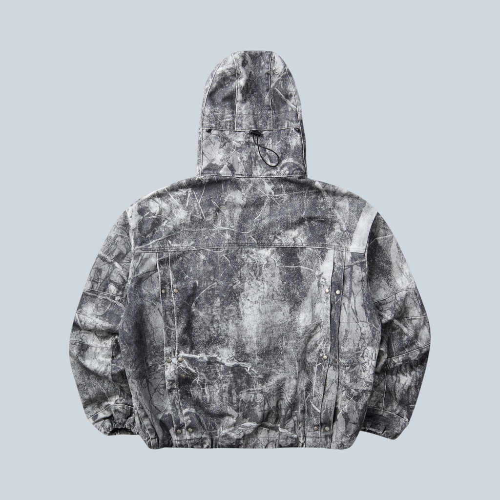Veste à capuche en denim Saison avec délavage à motif all-over gris foncé, vue arrière