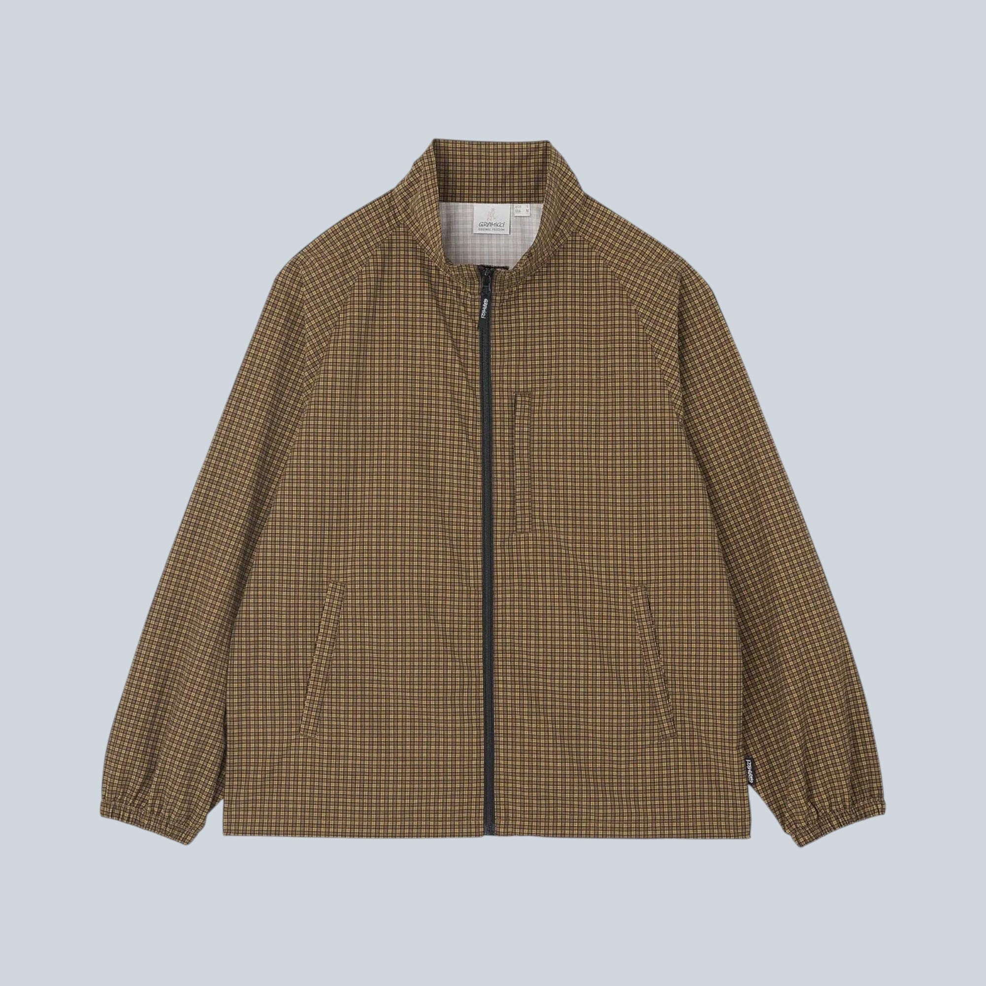 Veste Saison à motif mini carreaux marron, coupe workwear en nylon et coton avec fermeture éclair centrale